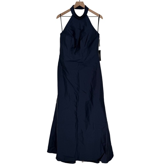 Alfred Sung High-Neck Halter Open-Back Satin Trumpet Dress In Midnight Navy - Picture 2 of 11